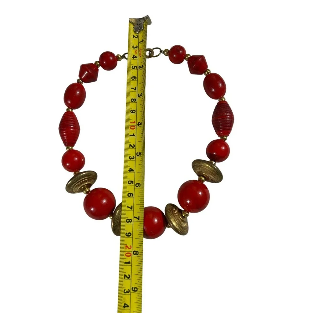 Vintage Red Bead Necklace Chunky Brass Spacers Boho Ethnic Statement Choker 16